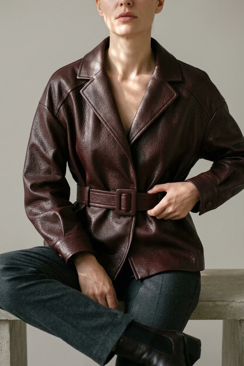 Belted Leather Jacket with Wide Collar and Cuffed Sleeves — variant_front