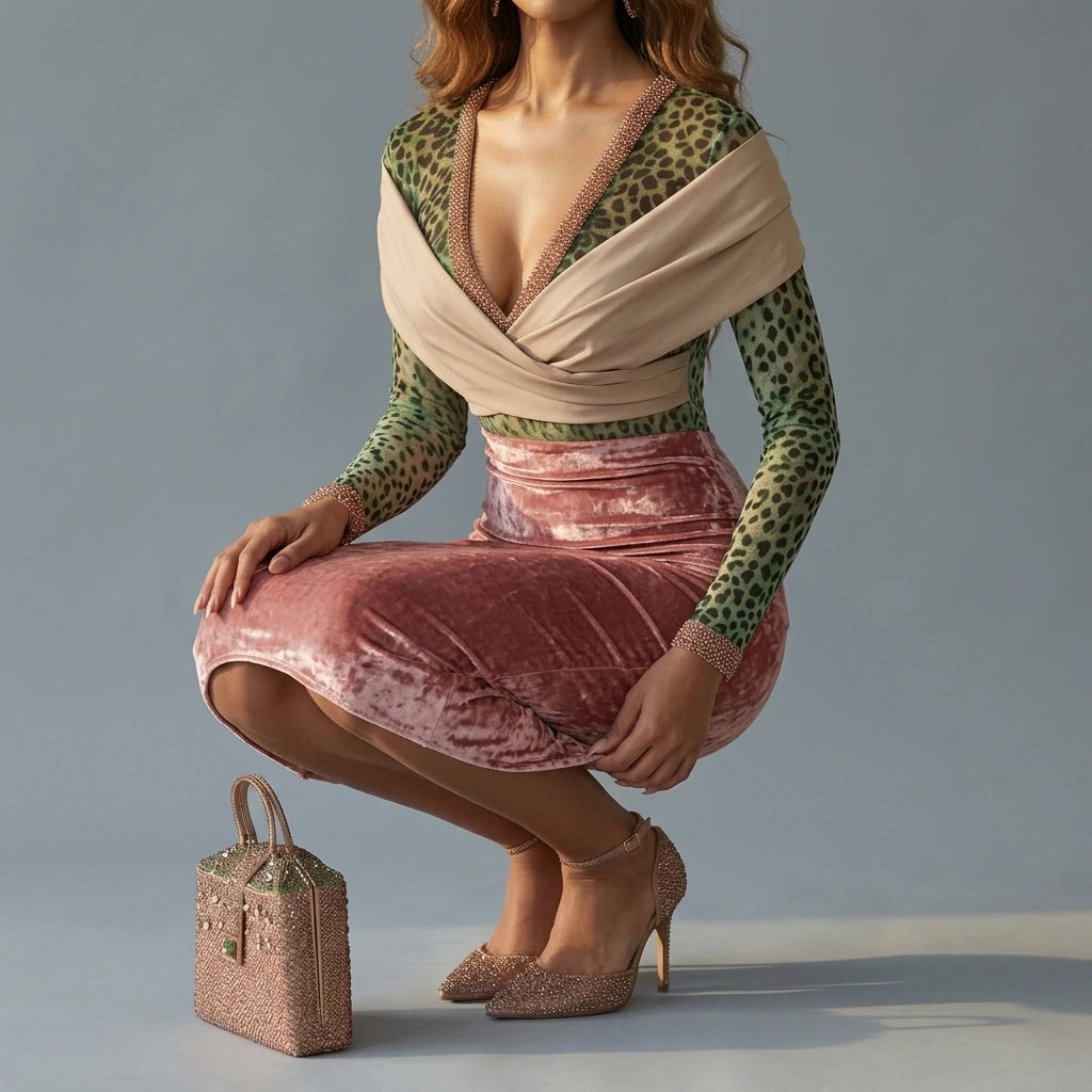 Virelline – Leopard velvet contrast – Bodycon midi dress — variant_front