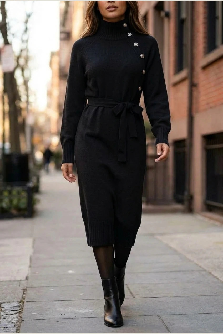 Women’s Cotton Knitted Midi Dress – Roll Neck Belted Jumper Dress — variant_front