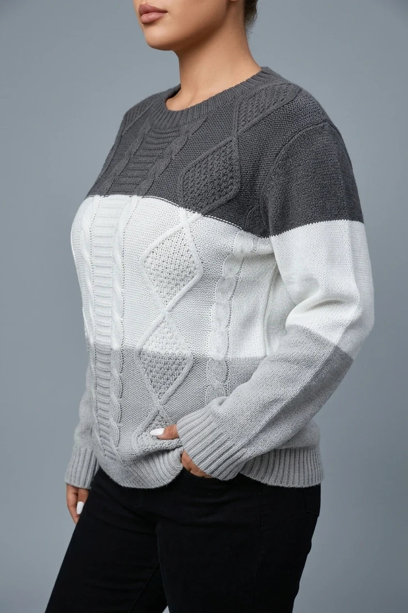 Plus Size, Plus Size Women's Autumn/Winter Casual Color Block Rhombus Pattern Pullover Sweater, Long Sleeve Crew Neck Cable Fabric Top — variant_front