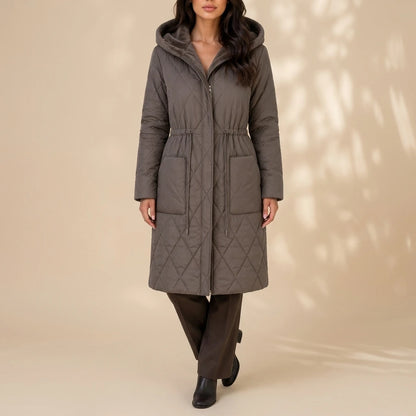 Women’s Long Quilted Puffer Coat – Faux Fur Collar Winter Coat — variant_front