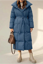 Women's Belted Long Puffer Coat with Silhouette Design – Ines — variant_front