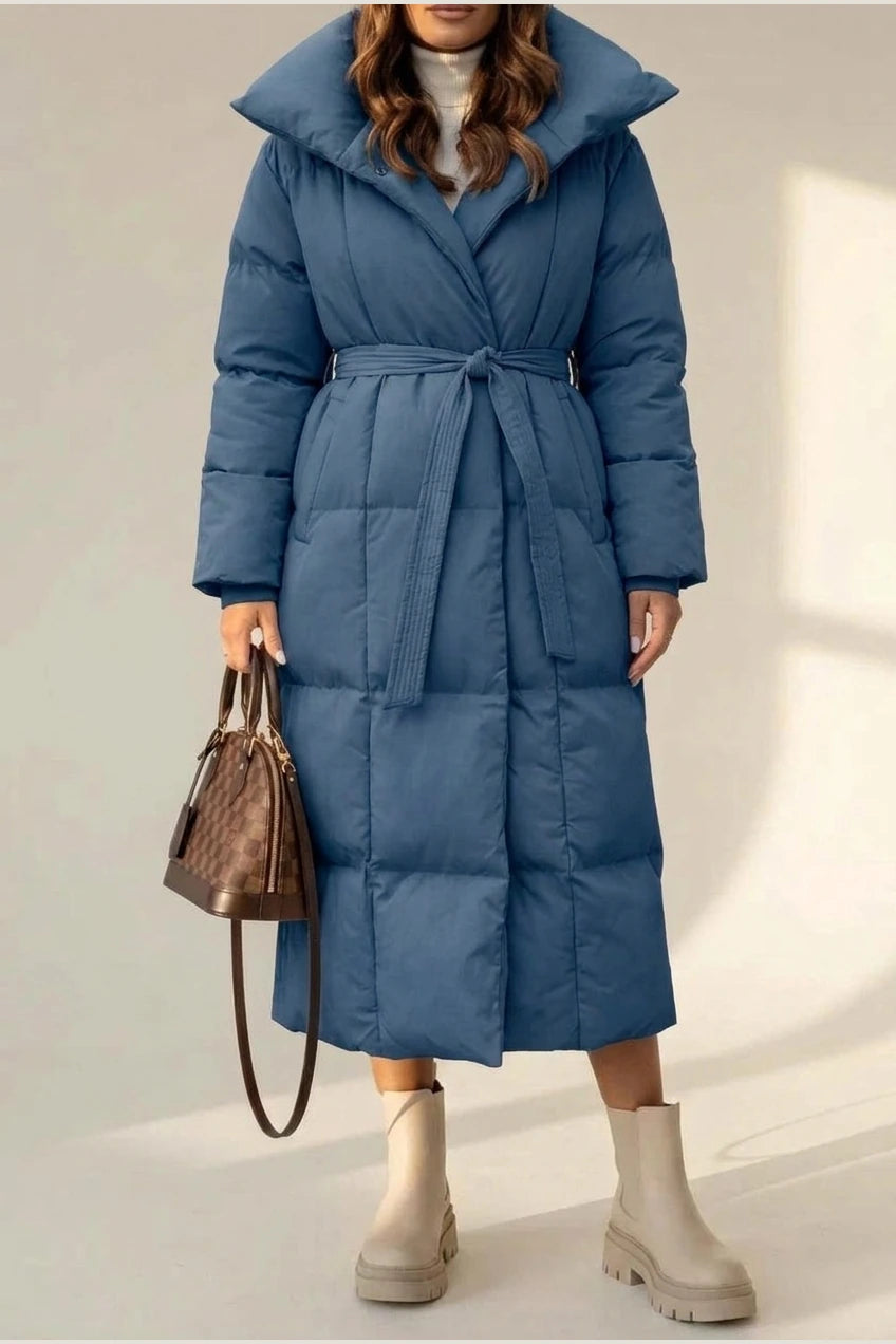 Women's Belted Long Puffer Coat with Silhouette Design – Ines — variant_front