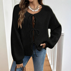 Relaxed Knit Cardigan with Tie Front and Puff Sleeves — variant_front