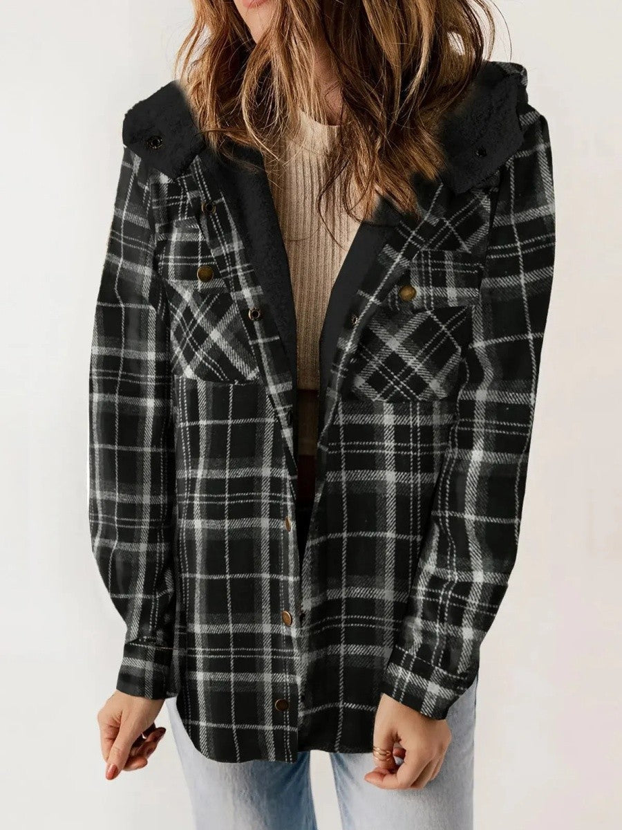 Relaxed Fit Check Flannel Shacket with Sherpa Lined Hood — variant_front