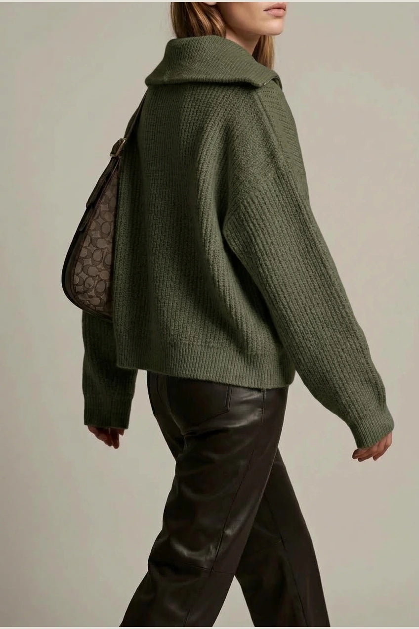 Oversized Half Zip Knit Sweater with Wide Collar — variant_front