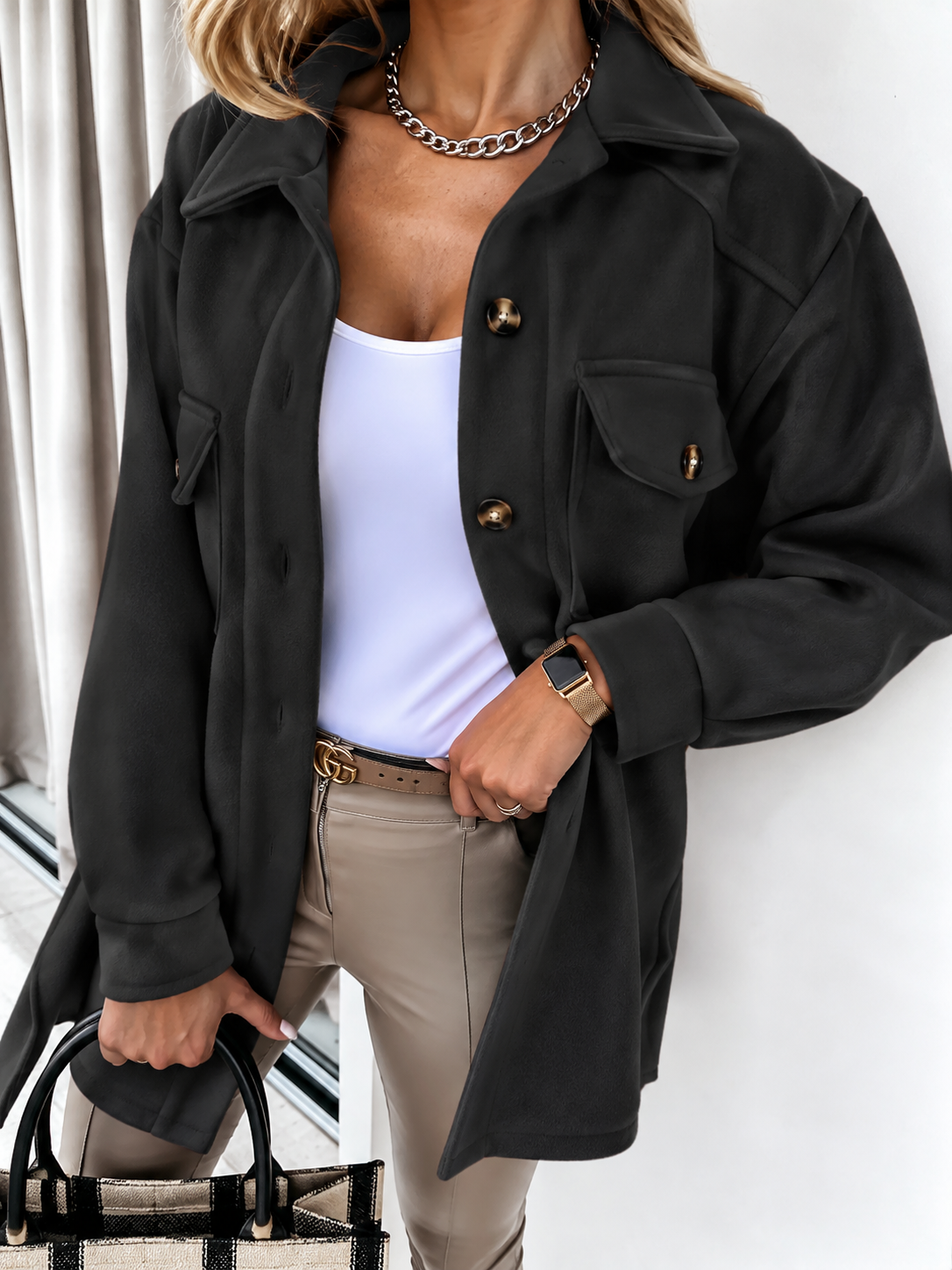 Relaxed Wool Shacket with Chest Pockets and Collar — variant_front