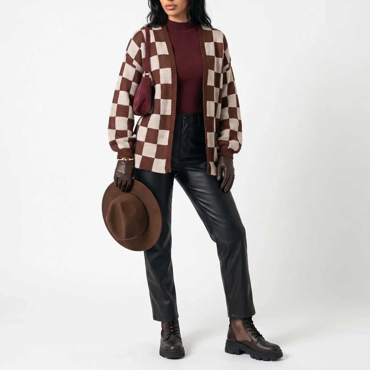 Women’s Checkerboard Knit Cardigan – Relaxed Fit Casual Sweater Jacket — variant_front