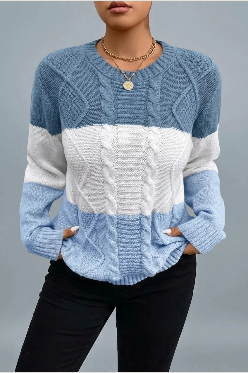 Plus Size, Plus Size Women's Autumn/Winter Casual Color Block Rhombus Pattern Pullover Sweater, Long Sleeve Crew Neck Cable Fabric Top — variant_front