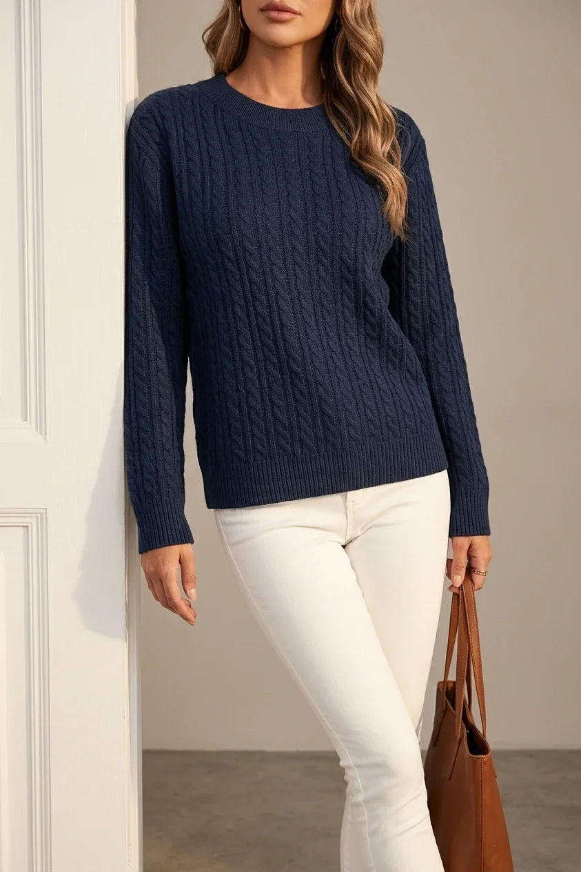 Women's Casual Loose-Fit Round Neck Long Sleeve Sweater - Medium Stretch Solid Color with Ribbed Detailing, H-Line Silhouette for Spring/Autumn Layering, Elegant Collection, Cute Sweater, Casual Attire, Comfortable Fit, Pullover Top, Stylish Women — variant_front