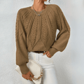Cable Knit Sweater with Puff Sleeves and Round Neckline — variant_front