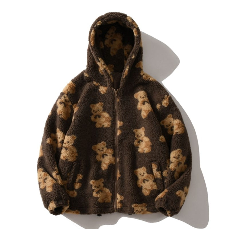 Oversized Fluffy Sherpa Jacket with Hood and Teddy Bear Print — variant_front