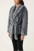 Women's Faux Fur Jacket with Shawl Collar and Tie Belt — variant_front