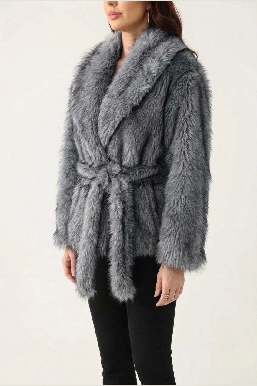 Women's Faux Fur Jacket with Shawl Collar and Tie Belt — variant_front