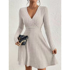 Ribbed Knit Wrap Front Mini Dress with V-Neckline and Long Sleeves — variant_front