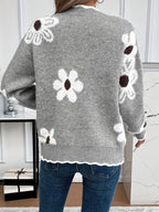 Soft Floral Knit Sweater with V-Neckline and Scallop Trim — variant_front