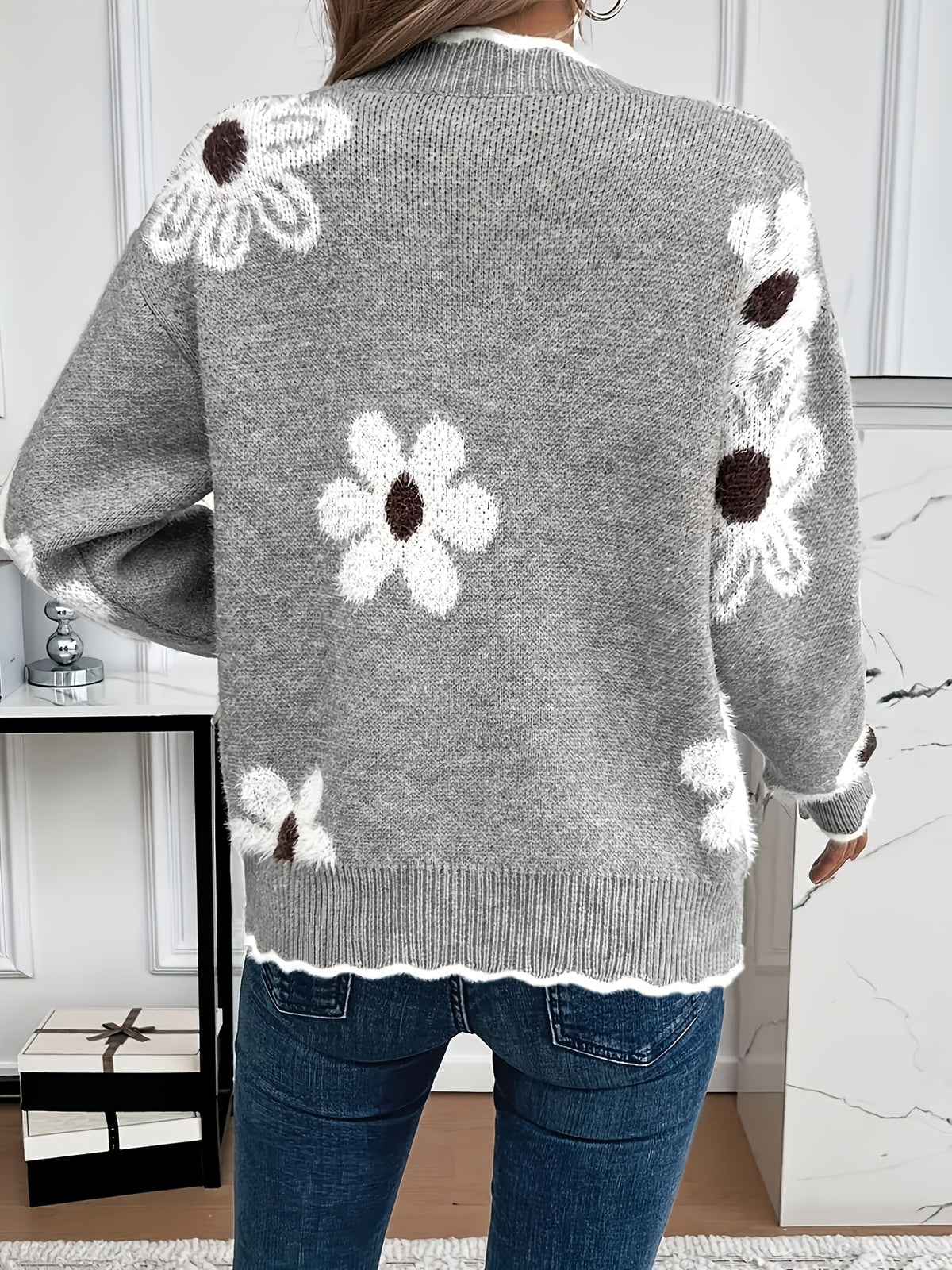 Soft Floral Knit Sweater with V-Neckline and Scallop Trim — variant_front