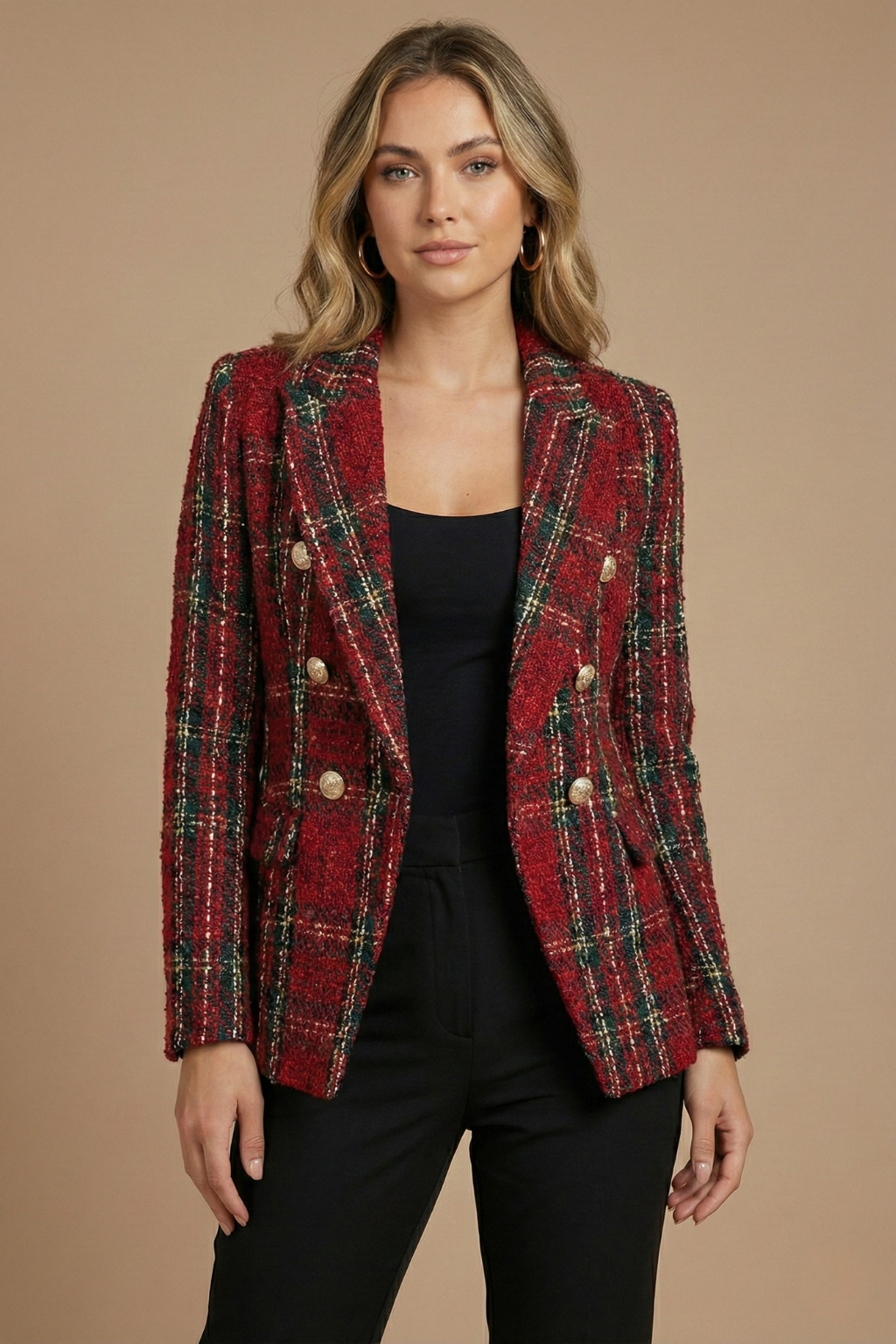 Classic Plaid Tweed Blazer with Double Breasted Gold Buttons — variant_front