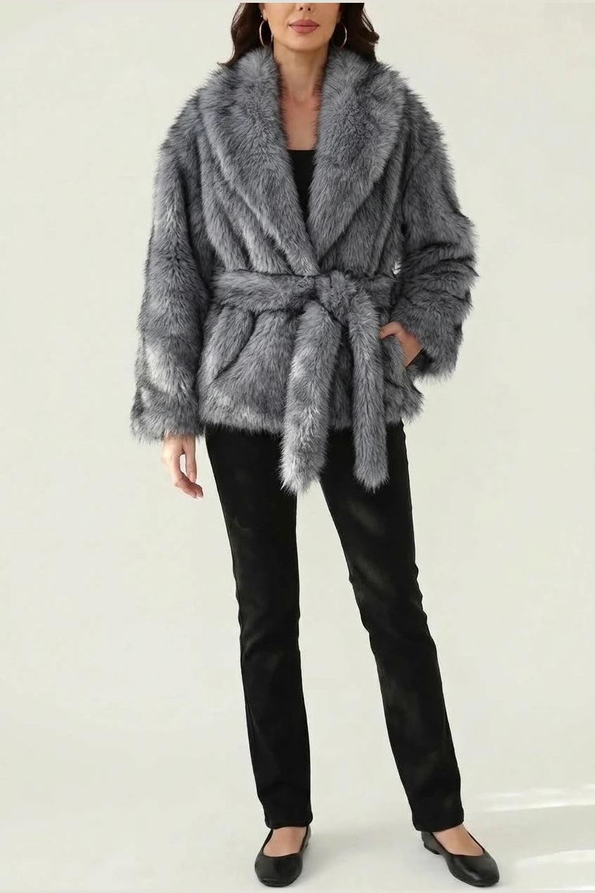 Women's Faux Fur Jacket with Shawl Collar and Tie Belt — variant_front
