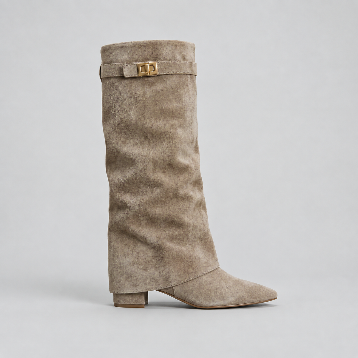 Women’s Knee High Boots with Low Block Heel & Gold Buckle Detail — variant_front
