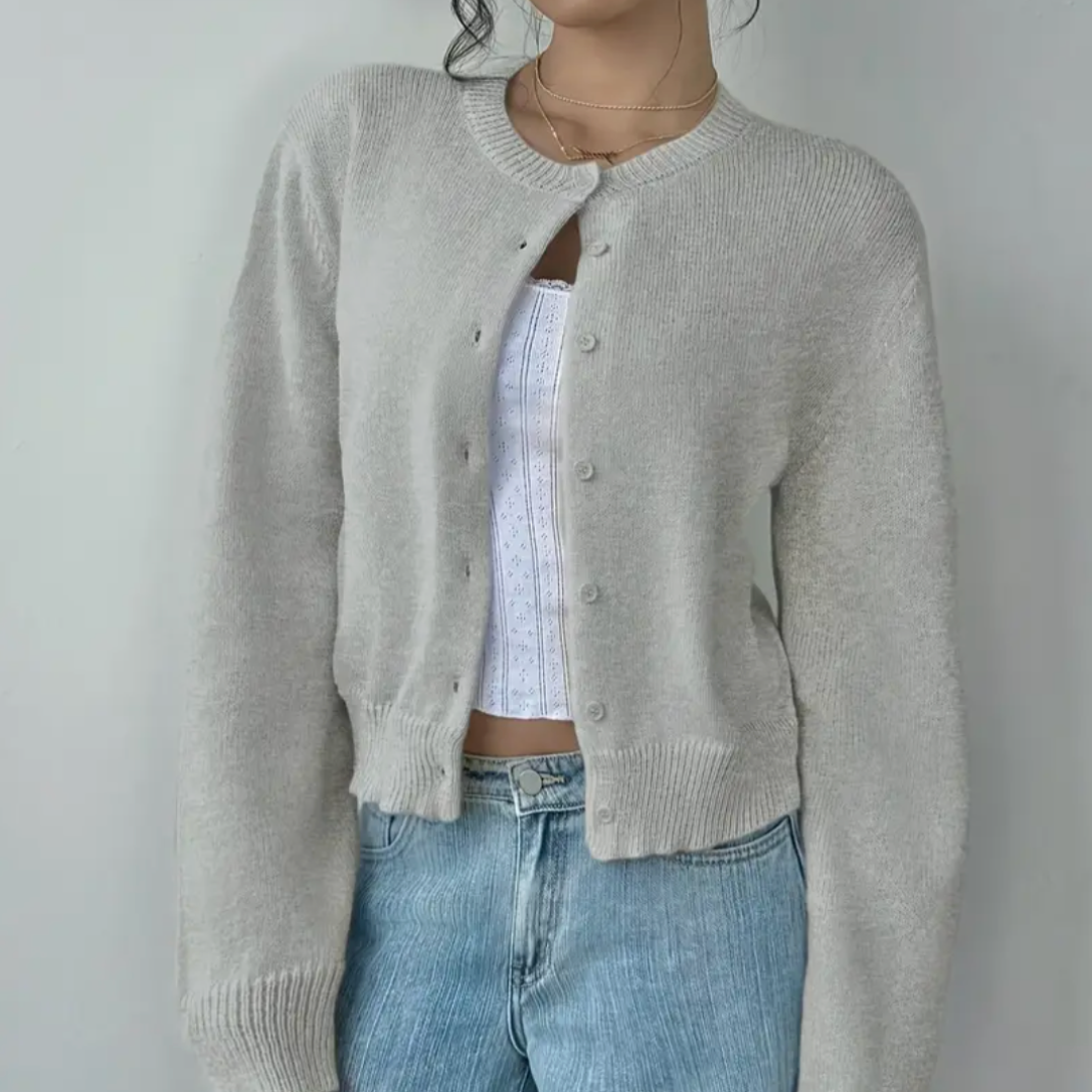 Soft Cropped Knit Cardigan with Round Neck — variant_front