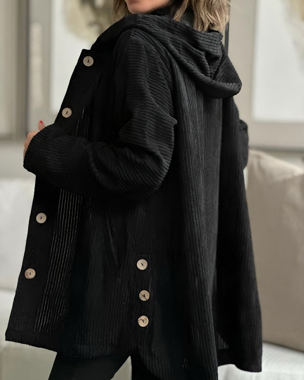 Retro Hooded Corduroy Jacket with Wooden Buttons — variant_front