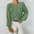 Cable Knit Sweater with Puff Sleeves and Round Neckline — variant_front