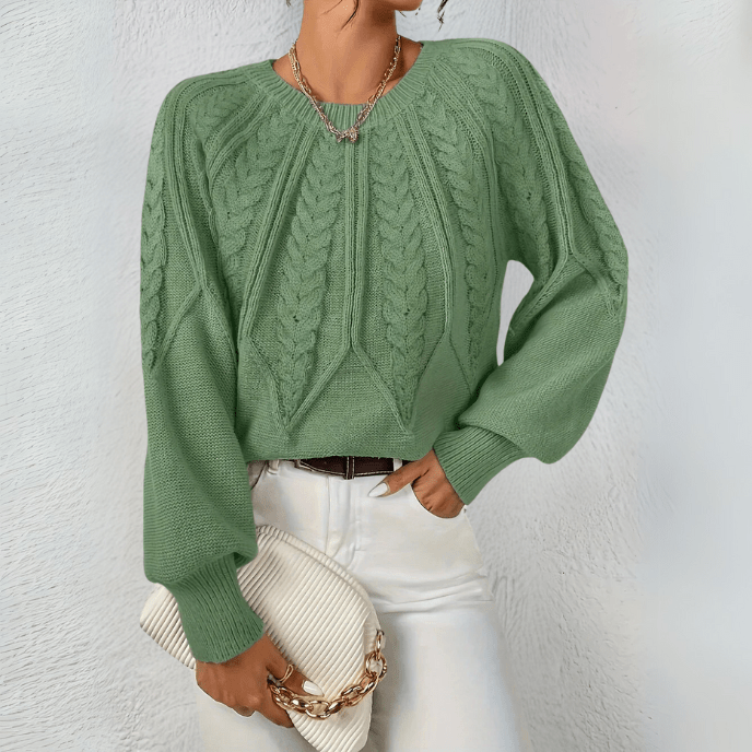 Cable Knit Sweater with Puff Sleeves and Round Neckline — variant_front