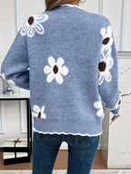 Soft Floral Knit Sweater with V-Neckline and Scallop Trim — variant_front
