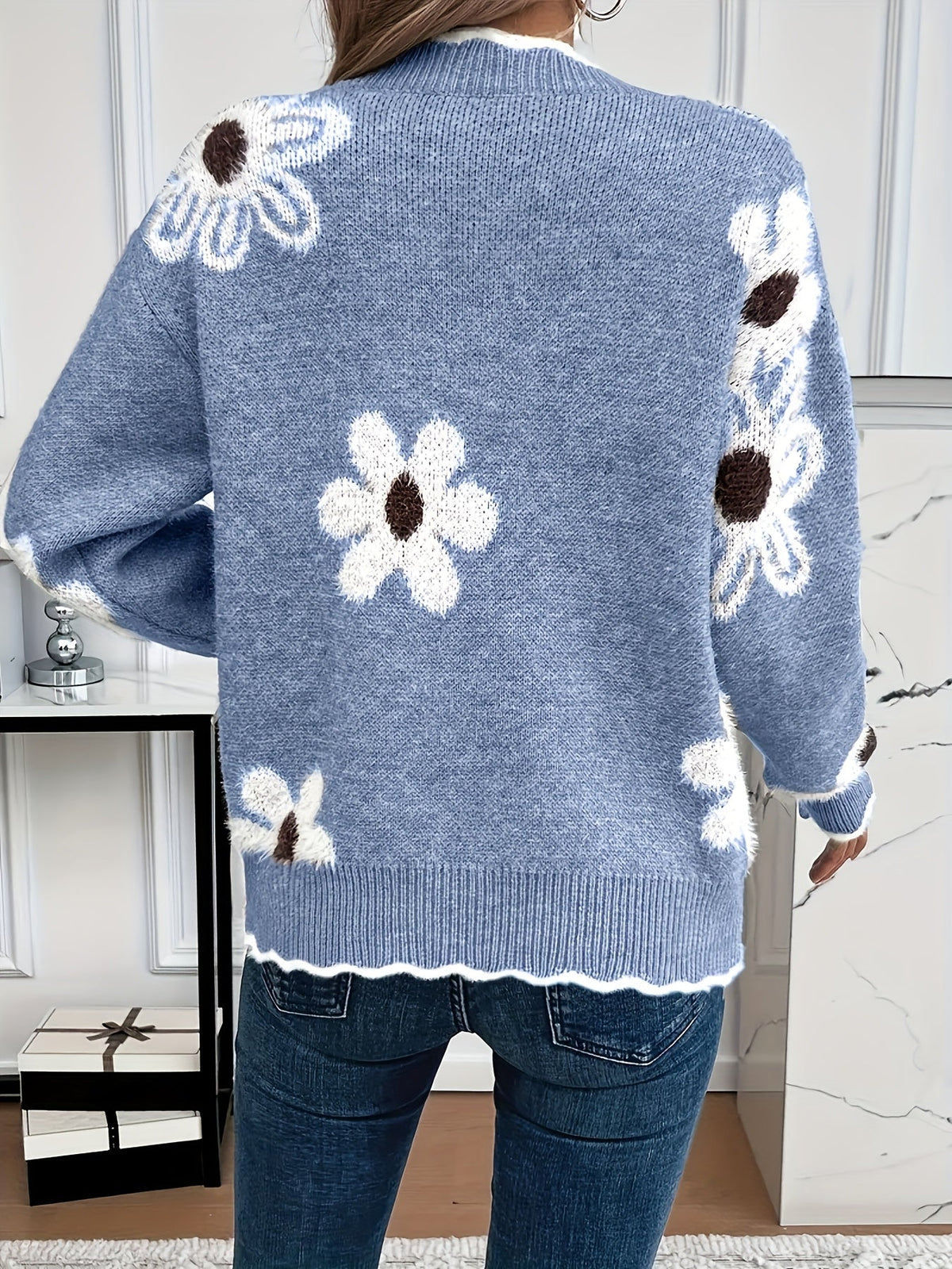 Soft Floral Knit Sweater with V-Neckline and Scallop Trim — variant_front