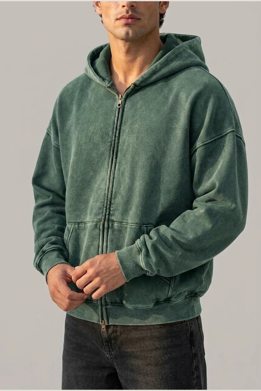 Men’s Oversized Full Zip Hoodie – Washed Hooded Jacket — variant_front