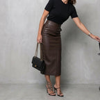 Women's High Waisted Faux Leather Midi Skirt - Palomine — velloura-elegant-sculpted-faux-leather-midi-skirt_lifestyle_environmental_06.webp
