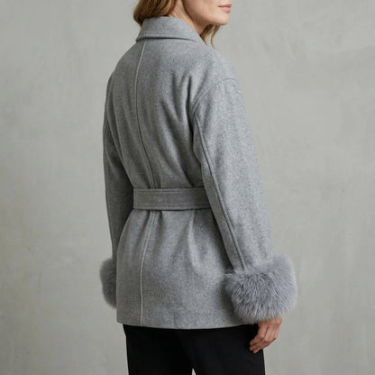 Women's Elegant Wool Coat with Faux Fur Cuffs and Belted Wrap Style – Meredith — variant_front