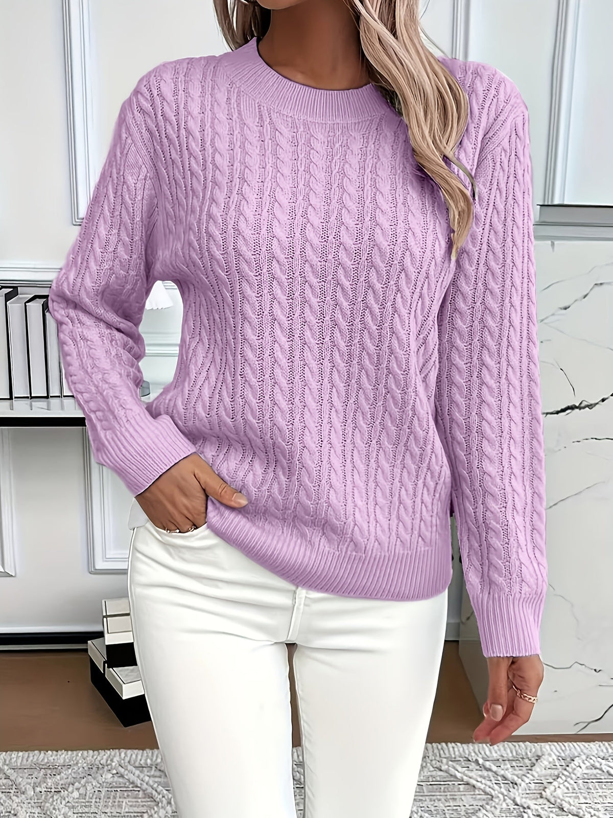 Chunky Cable Knit Sweater with Crew Neck and Ribbed Cuffs — variant_front