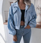 Retro Cropped Corduroy Jacket with Elasticated Hem and Chest Pockets — variant_front