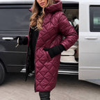 Hooded Long Quilted Puffer Coat with Diamond Stitch Detail — variant_front