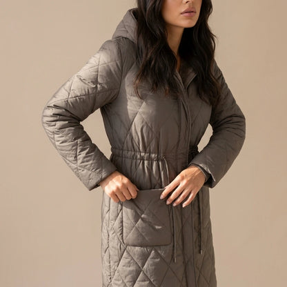 Women’s Long Quilted Puffer Coat – Faux Fur Collar Winter Coat — variant_front