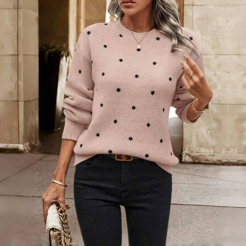 Polka Dot Knit Sweater with Crew Neck and Ribbed Cuffs — variant_front