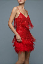 Sophie | Women's Sequin Fringe Feather Trim Cocktail Dress — variant_front