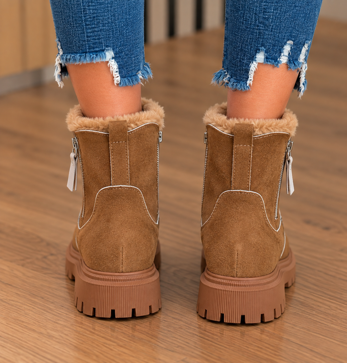 Warm Suede Ankle Boots with Fur Trim and Chunky Sole — variant_front