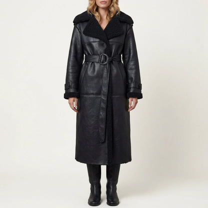 Women's Cozy Oversized Shearling Coat with Belt – Nell — variant_front