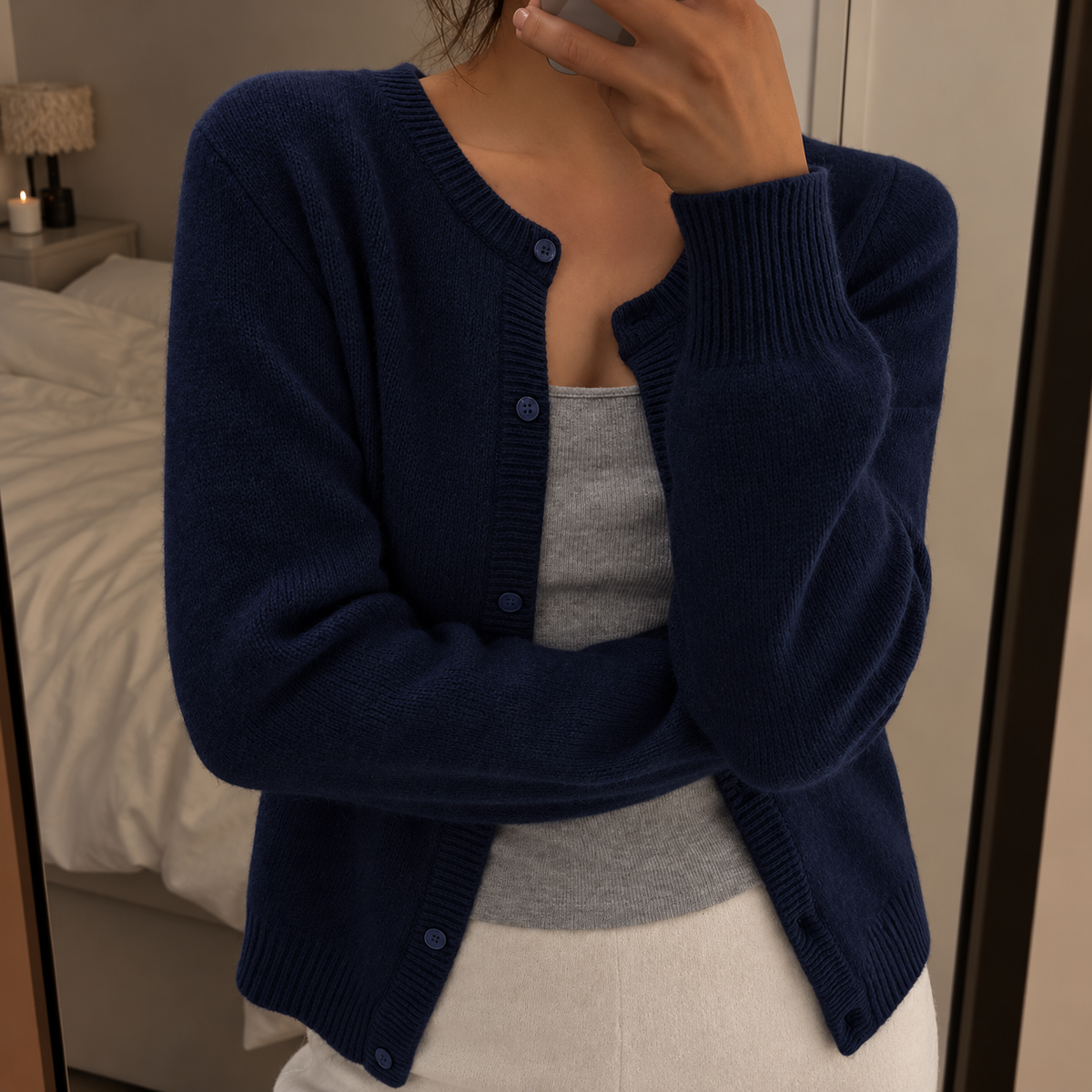 Soft Knit Cardigan with Round Neck and Button Front — variant_front