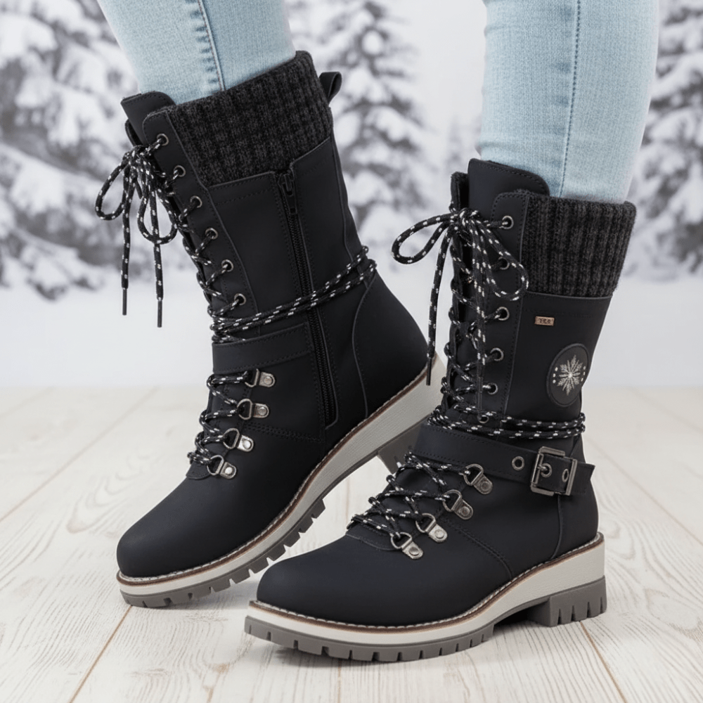 Insulated Lace Up Winter Boots with Knit Cuff and Buckle Detail — variant_front