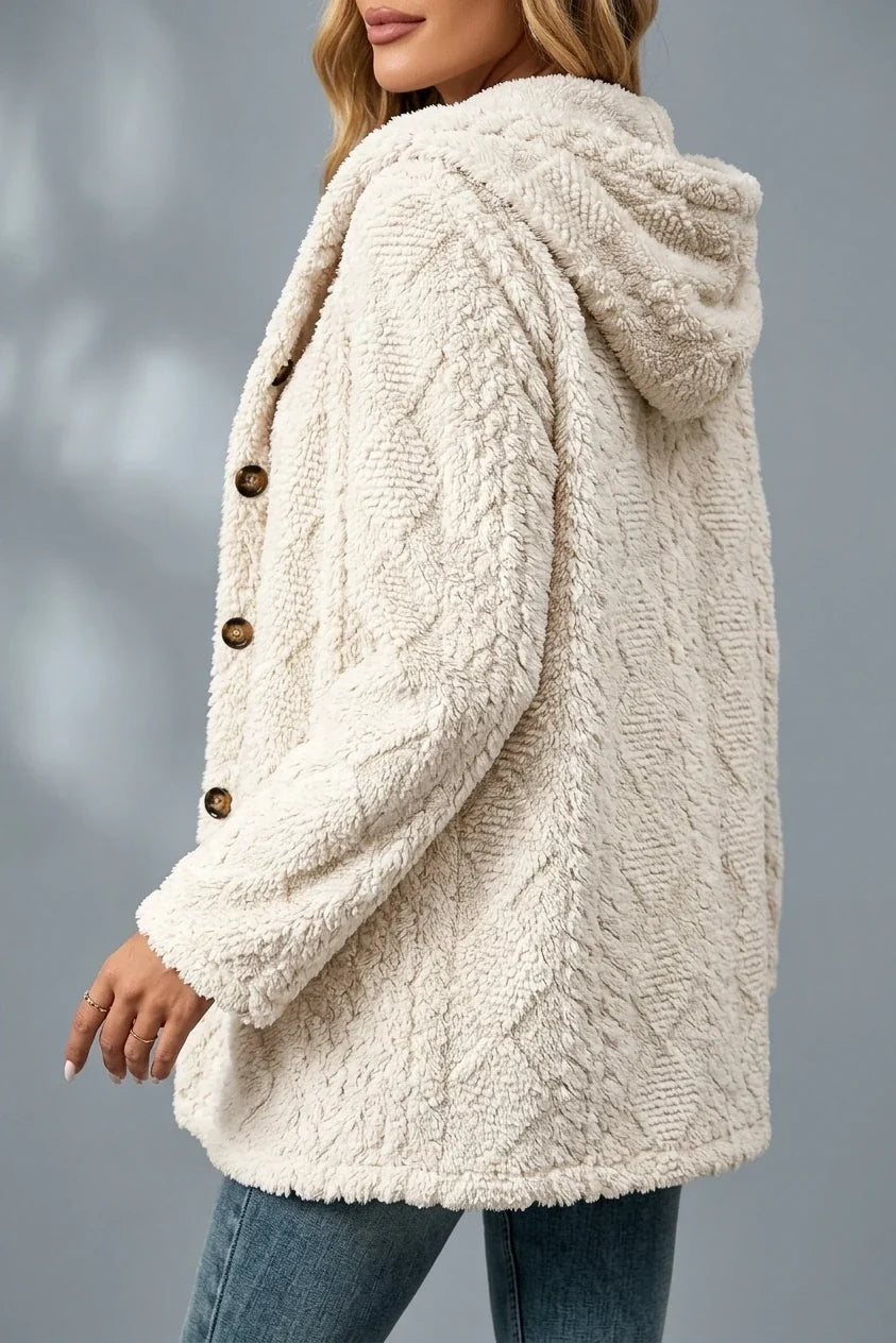 Women'S New Elegant Diamond Pattern Side Decorative Button Wool Teddy Bear Coat Hooded Jacket Warm Outerwear — variant_front