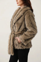 Women's Faux Fur Jacket with Shawl Collar and Tie Belt — variant_front