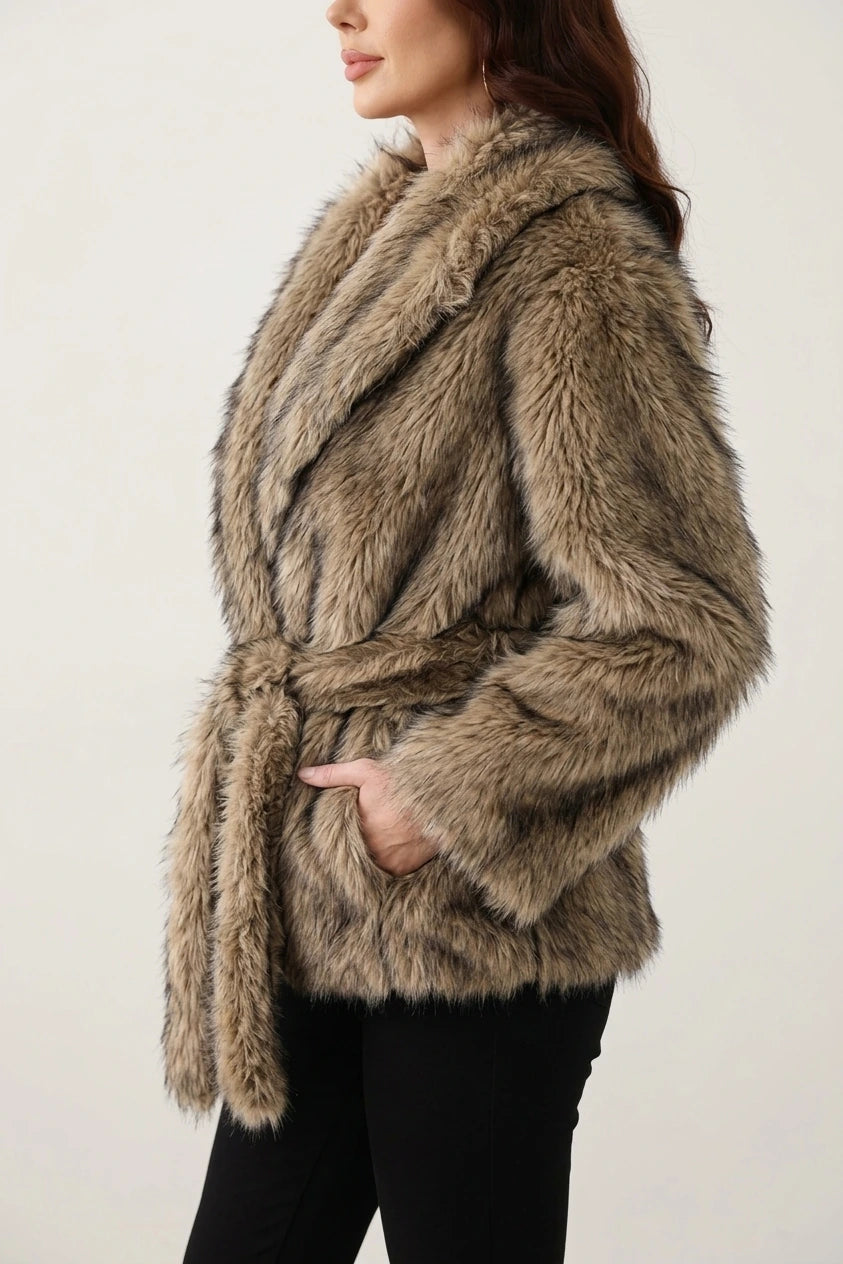 Women's Faux Fur Jacket with Shawl Collar and Tie Belt — variant_front