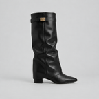 Women’s Knee High Boots with Low Block Heel & Gold Buckle Detail — variant_front