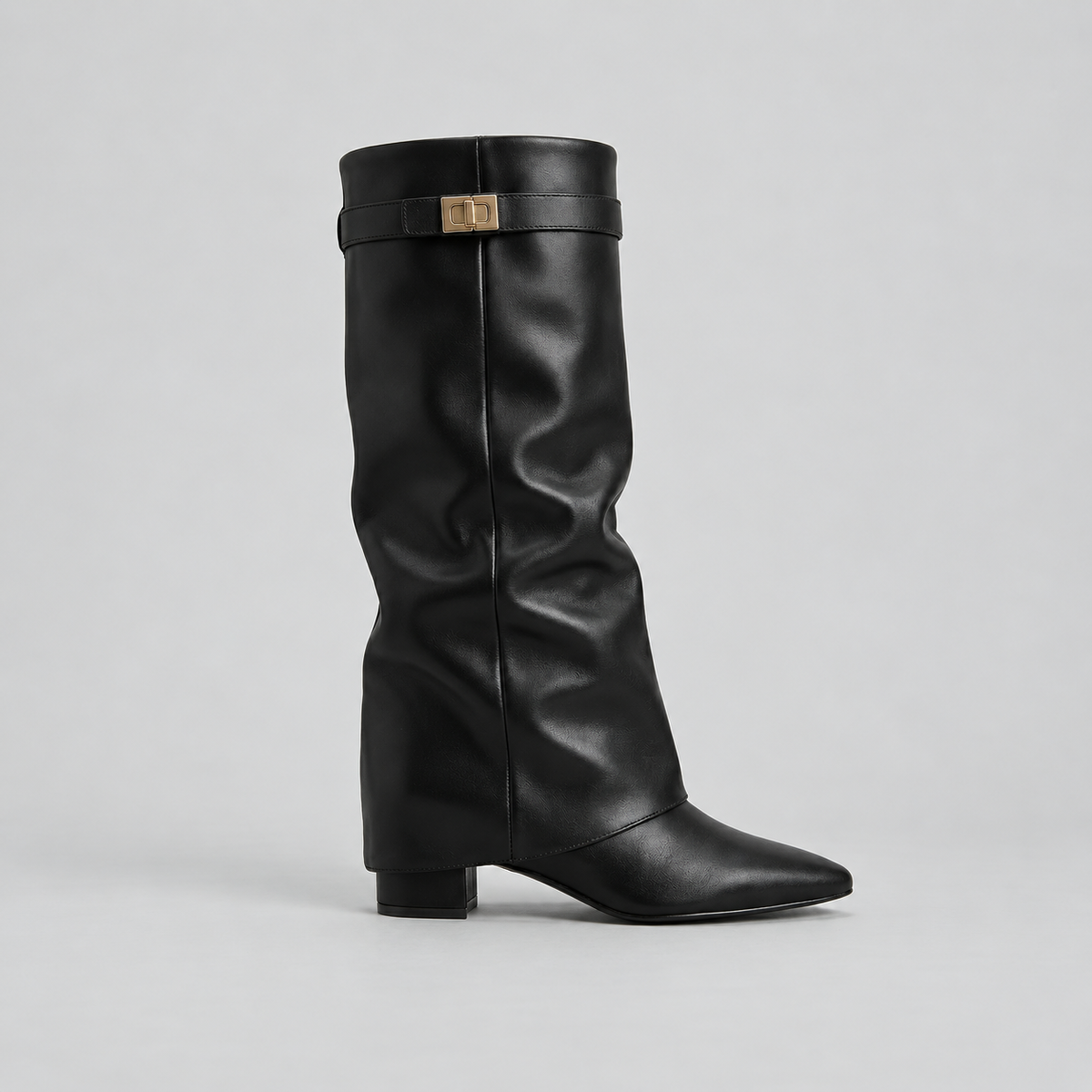 Women’s Knee High Boots with Low Block Heel & Gold Buckle Detail — variant_front