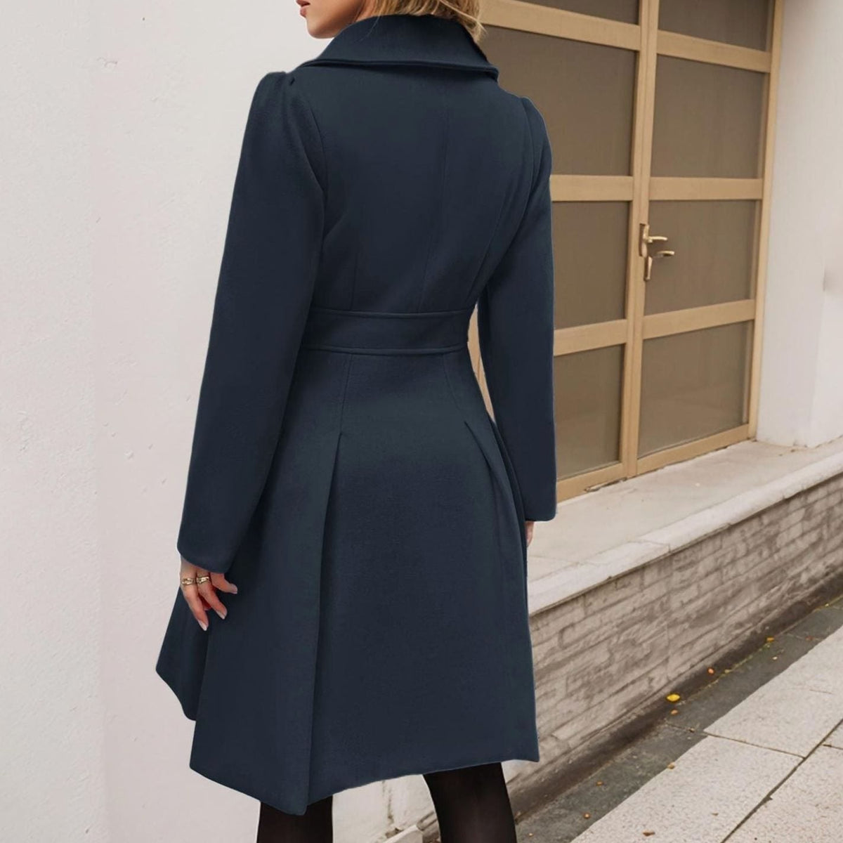 Double Breasted Wool Coat with Pleated Flared Skirt and Gold Buttons — variant_front