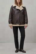 Women's Aviator Coat with Belted Shearling Trim – Aveline — variant_front